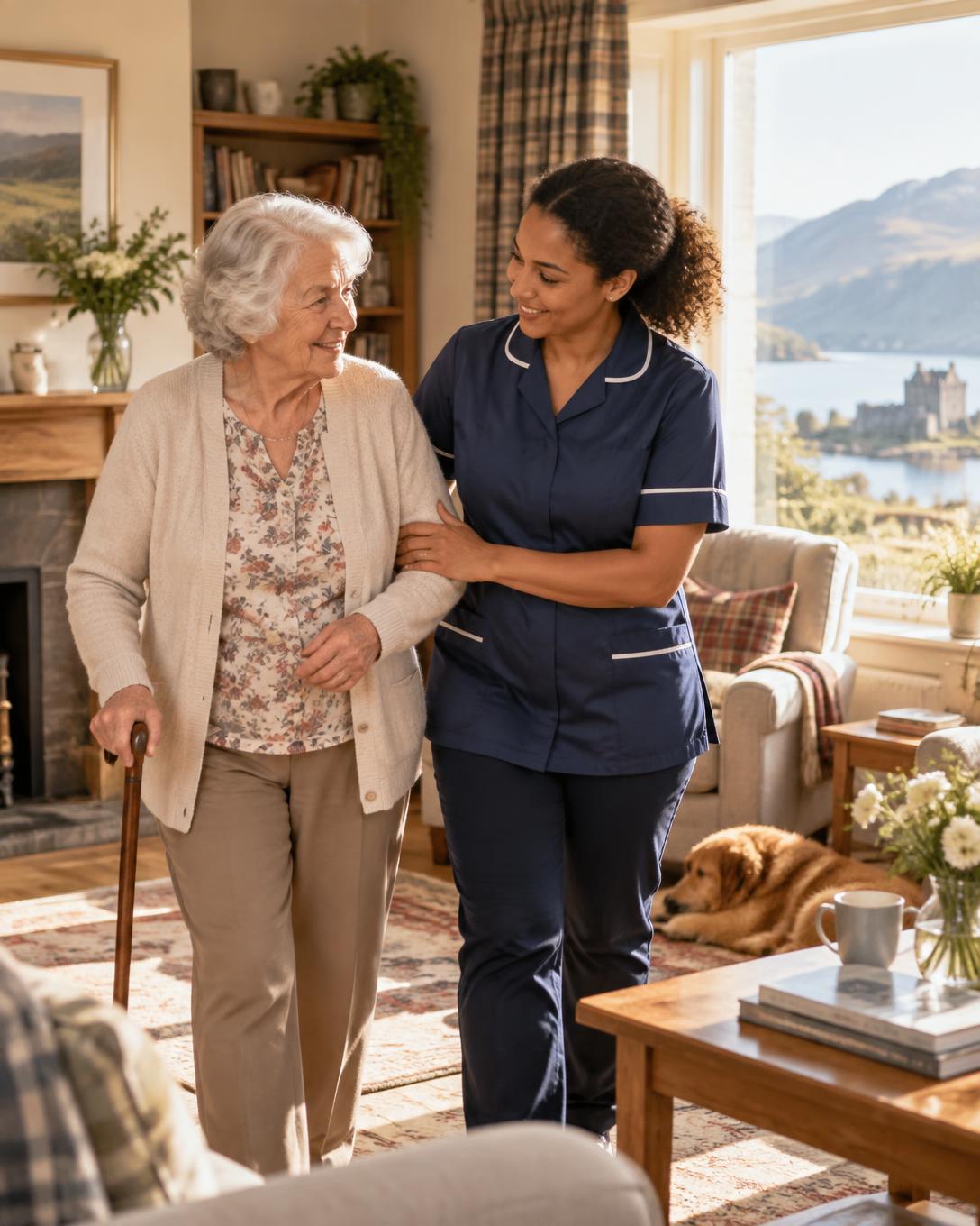 Carer gently supporting an elderly woman in a warm Scottish home