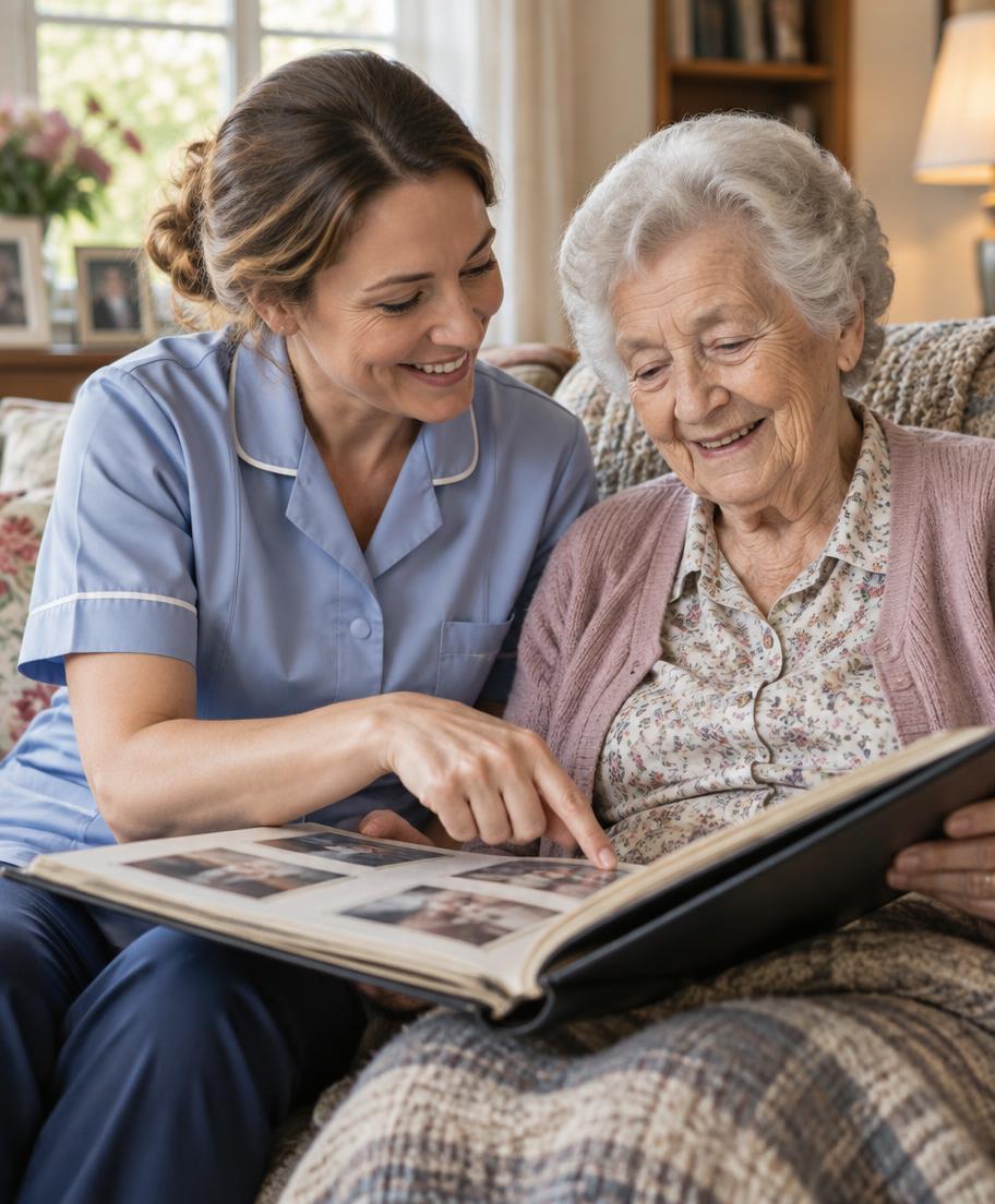 Carer and elderly woman smiling over a family photo album