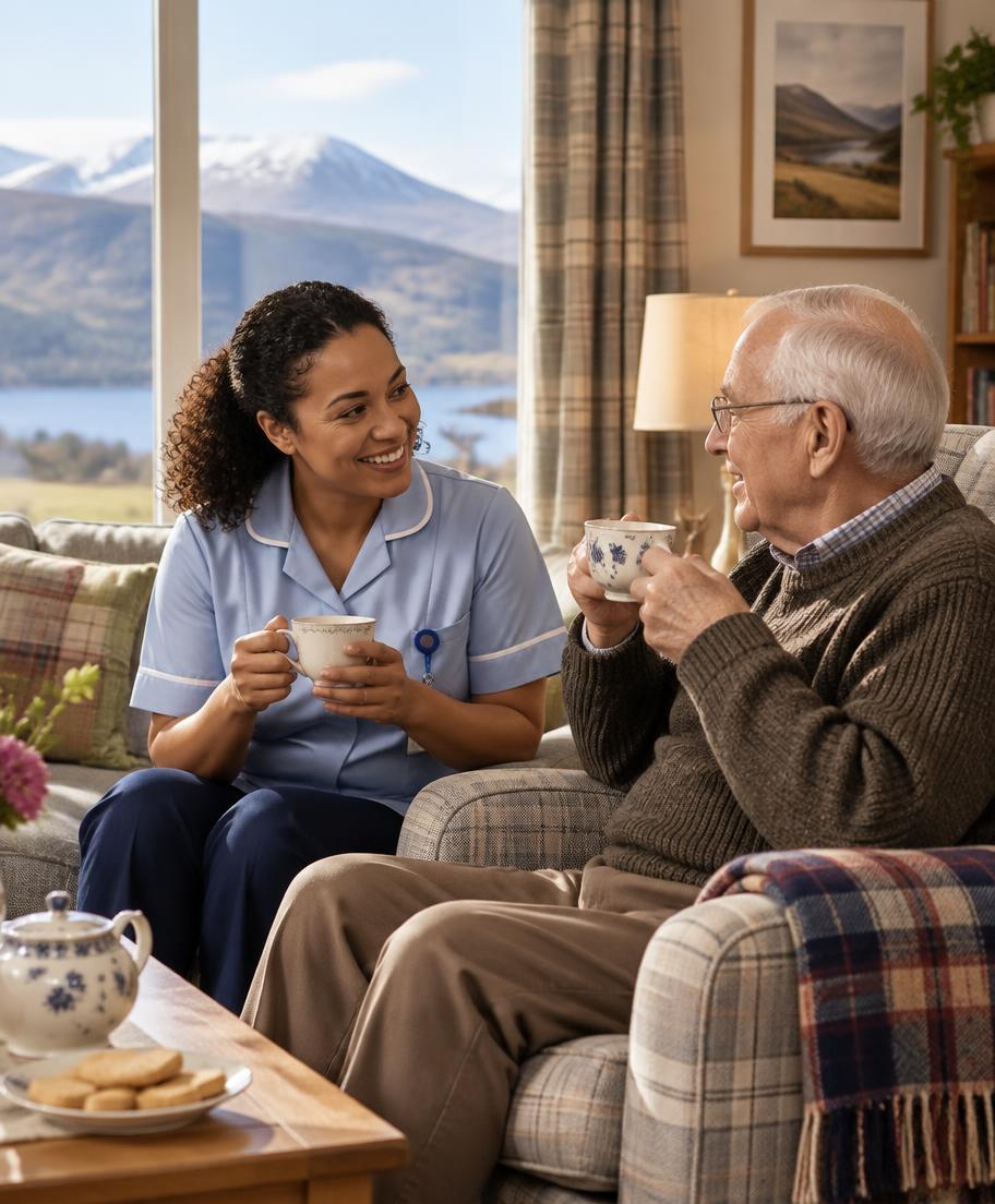 Carer sharing tea with an elderly man in a bright Scottish living room